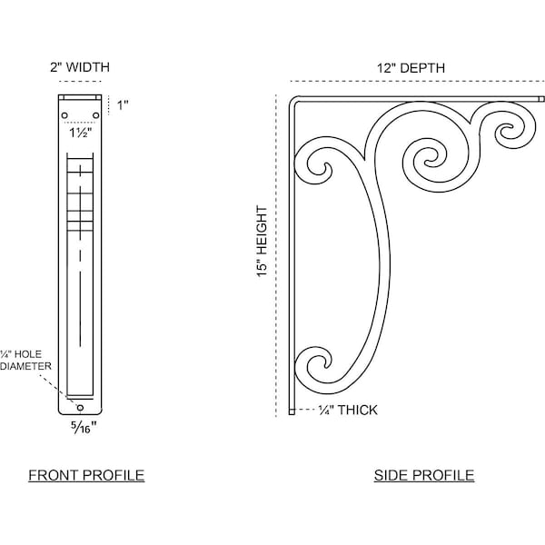 Avery Wrought Iron Bracket, (Triple Center Brace), Antiqued Pewter 2W X 12D X 15H